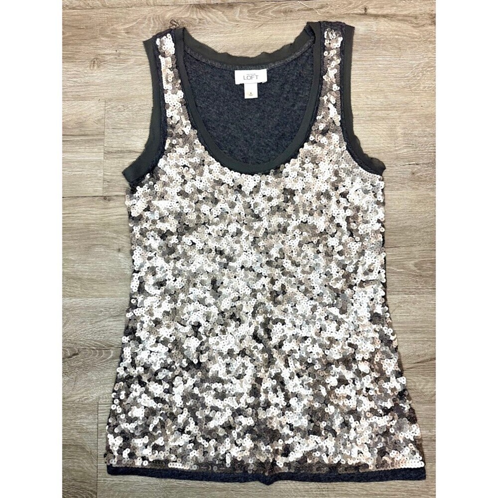 Sequin Tank Top Small Silver Gray Sleeveless Party Holiday Glam